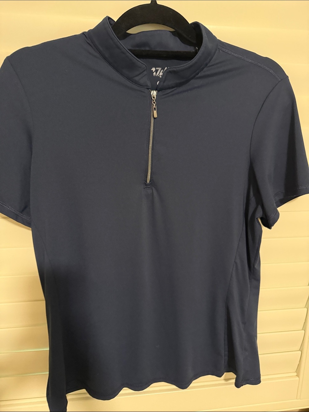 Signature Navy Short-Sleeve Zip Mock Neck Top